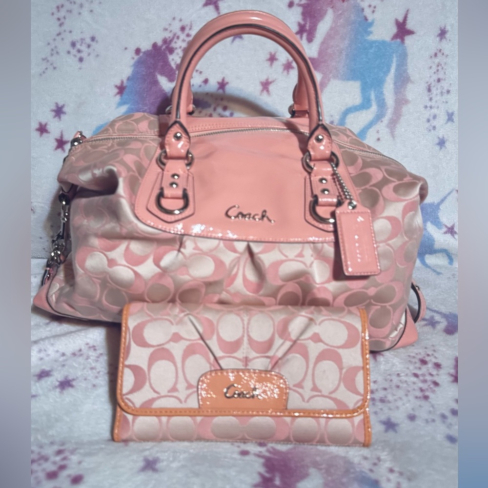 Coach Pink Peony Signature Satchel and Wallet